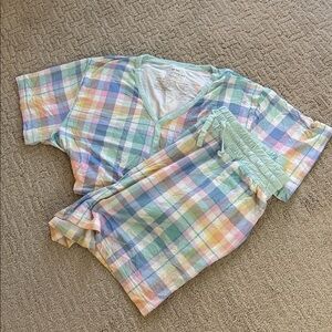 Little Sleepies Pastel Plaid Women's Pajama Short Sleeve and Short Set Sz Medium